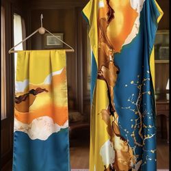 Graphic Print Boat Neck Abaya and Elegant Silk Dress.