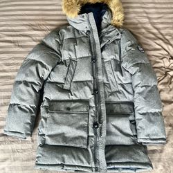 Tommys Hilfiger Men’s Winter Parka with Faux Fur Hood – Gray