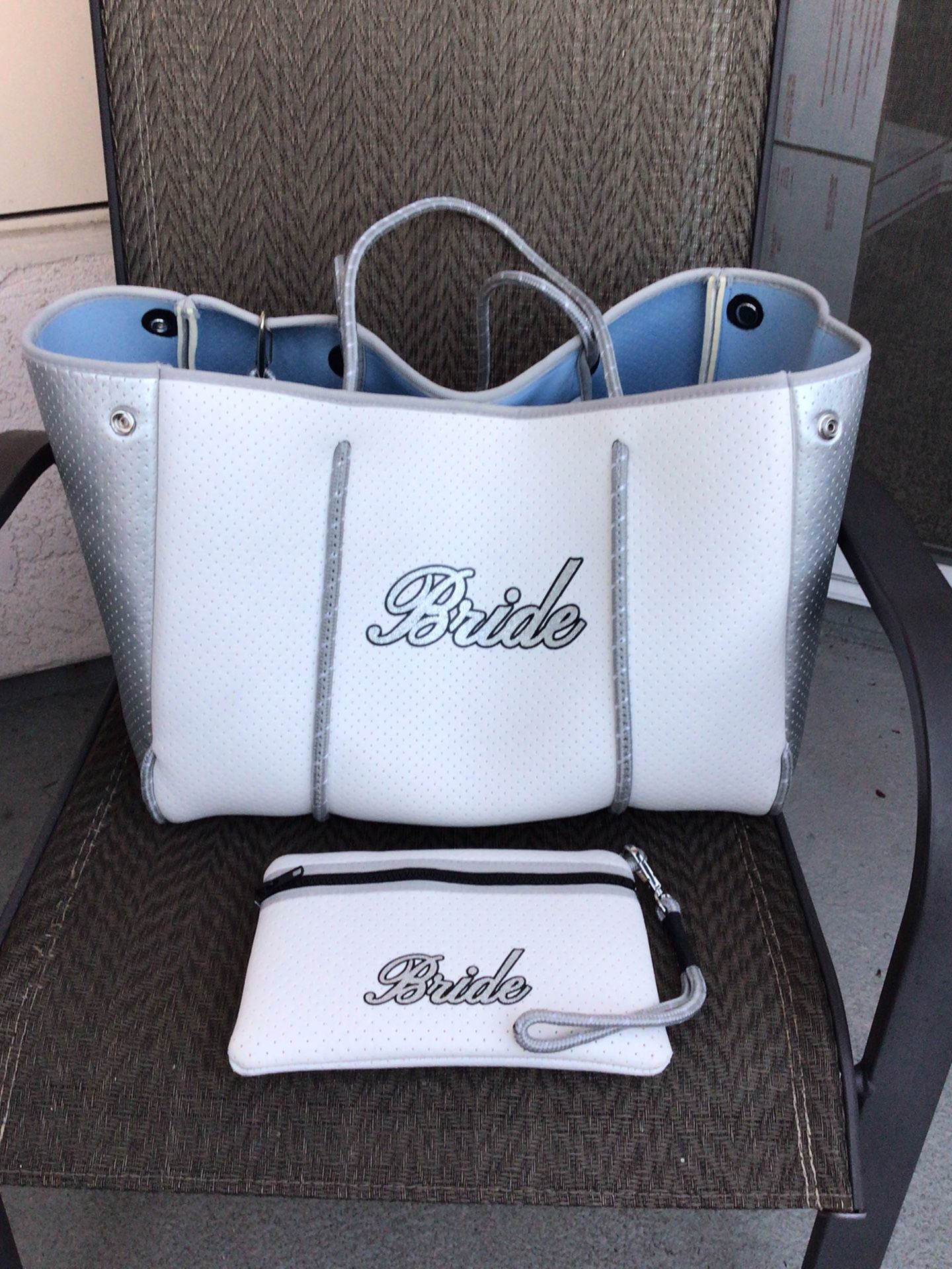 Haute Shore Bride White/Gray Neoprene Tote Bag And Wristlet  Set