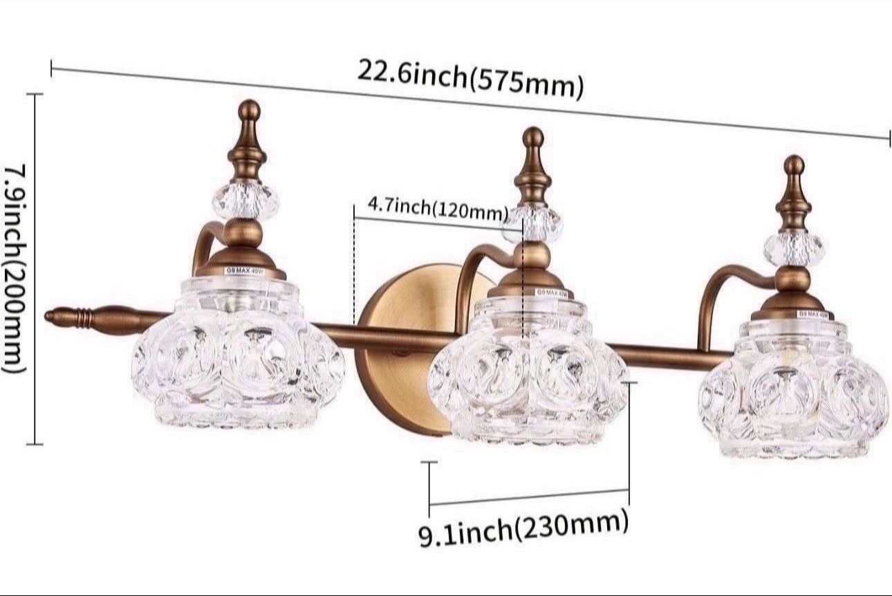 Vintage Bathroom Vanity Light Fixture, 3 Lights Bathroom Lighting Matte Brushed Antique Brass Finish with Crystal Glass Shade, Vintage Vanity Light fo