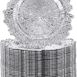 32 Pack Charger Plates Set Reef Chargers for Dinner Table Serving Tray Floral Plastic Decorative Plates for Table Setting Wedding Party, 13 Inch(Silve
