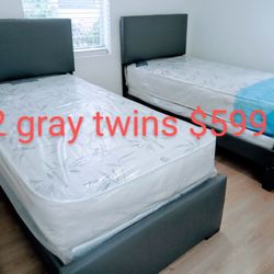 $599 For 2 Gray Twin Beds With Mattress And Box-spring Brand Rand Free Delivery 