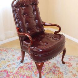 Vintage Queen Anne Style Oxblood Tufted Faux Leather Upholstered Armchair