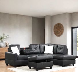 New black sectional with cupholder and storage Ottoman free delivery, Pay on arrival