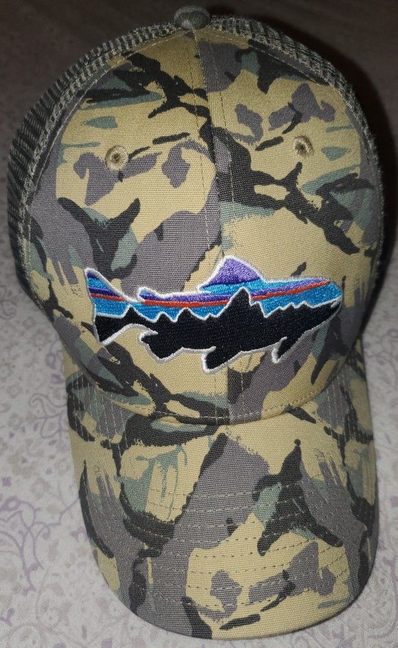 Patagonia Fitz Roy Camo Big Trout Trucker Hat Snapback Mesh Cap Forest Khaki