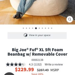Big Joe Fuf Large Foam Filled Bean Bag Chair with Removable Cover, Vanilla Latte, Corded Plush