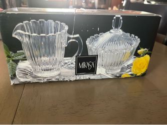 Mikasa Royal Suite crystal sugar bowl with lid, creamer and serving tray set