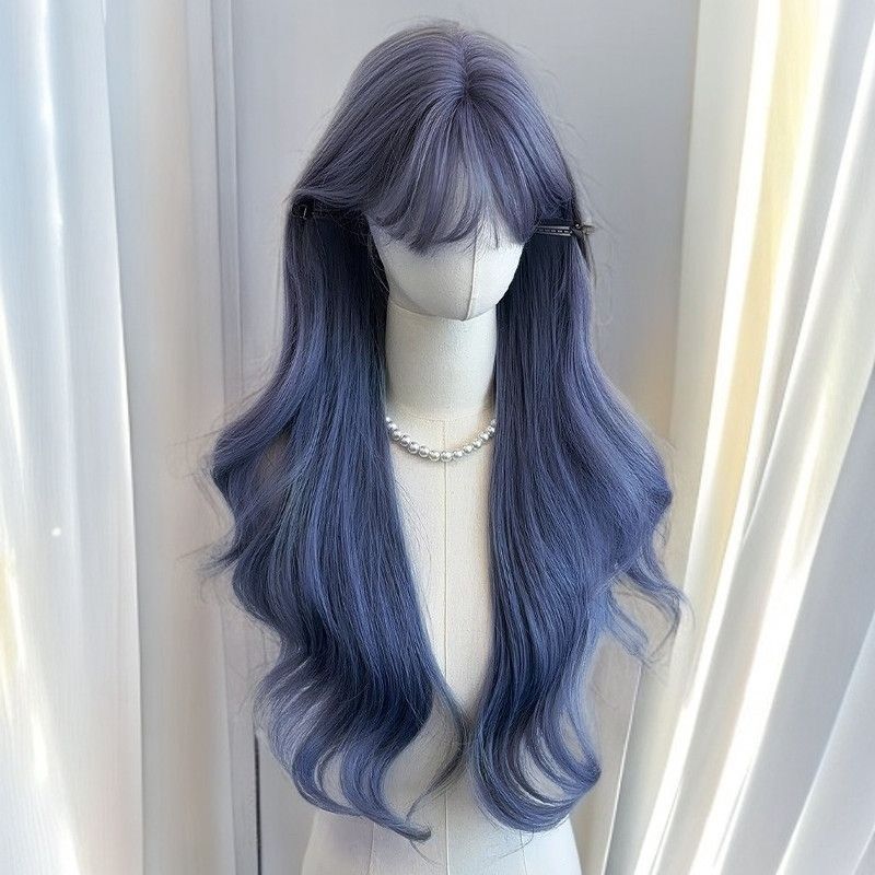 26 inch Long Wavy Dark Blue Wig with Bangs