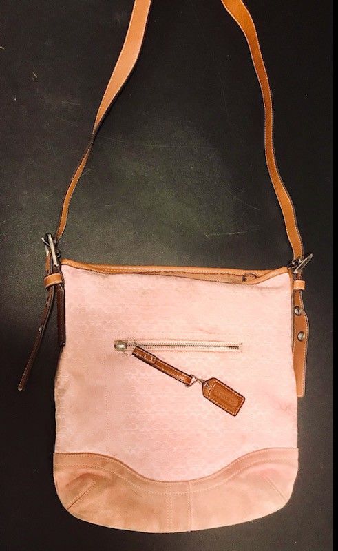 Coach Signature Womens Duffle Shoulderbag Handbag Used Pink Canvas Suede Lthr
