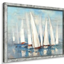 Ocean Framed Painting Wall Art: Abstract Coastal Artwork 40"x30" Seascape Picture Seascape Prints on Wood in Modern Style for Living Room
