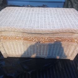 white Jamaican wicker chest & vintage hoak table!