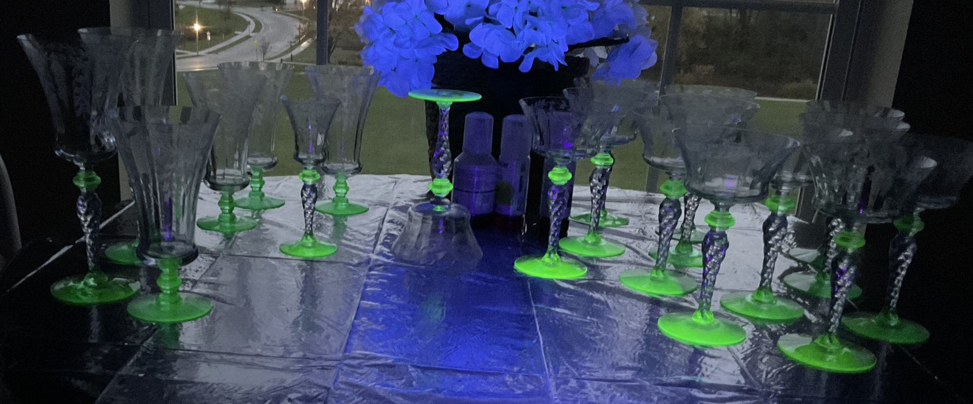 Vintage Tiffin (Phillips) Art Deco Wine Glasses. 19 Twisted Stem, Green Uranium Vaseline Glow, Etched Crystal. Circa 1920s-1940s