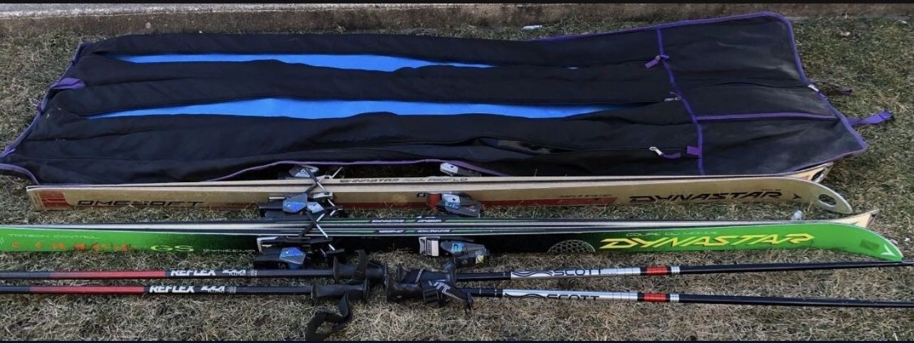 Dynastar Omega Course Gs, Vtg. Kevlar Dynastar Omega Airflo Skis France, Salomon Bindings, Poles, and Patagonia bag
