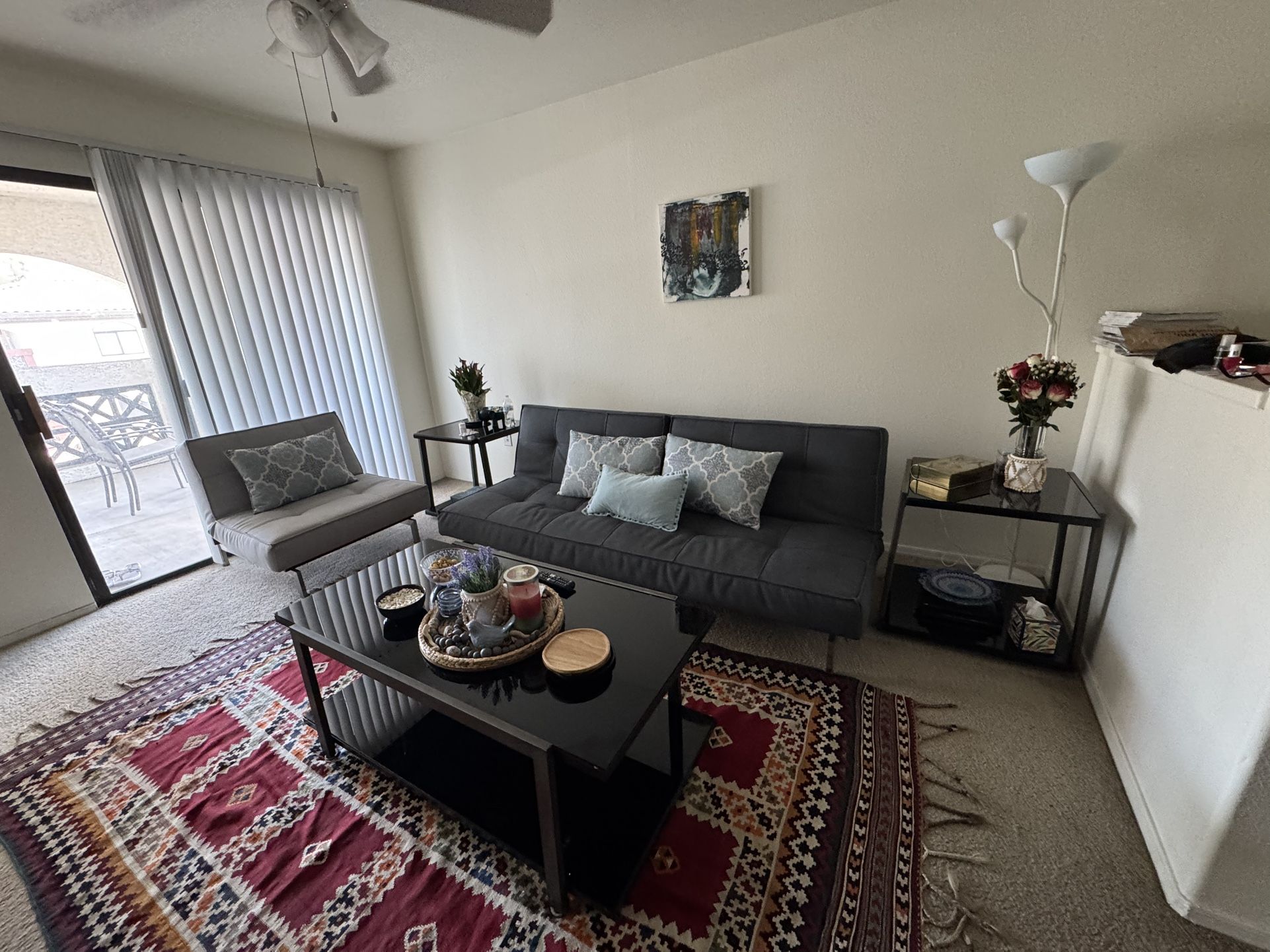 Dark Gray Sofa bed With Light Gray Love Seat AND Black Coffee Table and 2 Console Tables