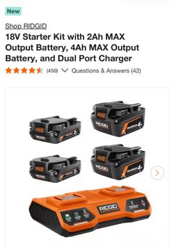 RIDGID 18V Starter Kit with (2) 2Ah and (2) 4Ah MAX Output Batteries and Dual Port Charger