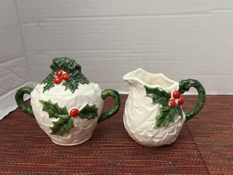 Vtg. Lefton Holly & Berries Sugar & Creamer Set w/ Original Sticker