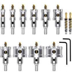  12PCS TCT Hole Saw Kit for Hard Metal, 5/8"-2-1/8" Inch Tungsten Carbide Tipped Hole Cutter Set with Titanium-Plated Pilot Drill bit for Metal, Stain