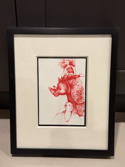 Framed Red Ink Style Rhinoceros Artwork, Matted