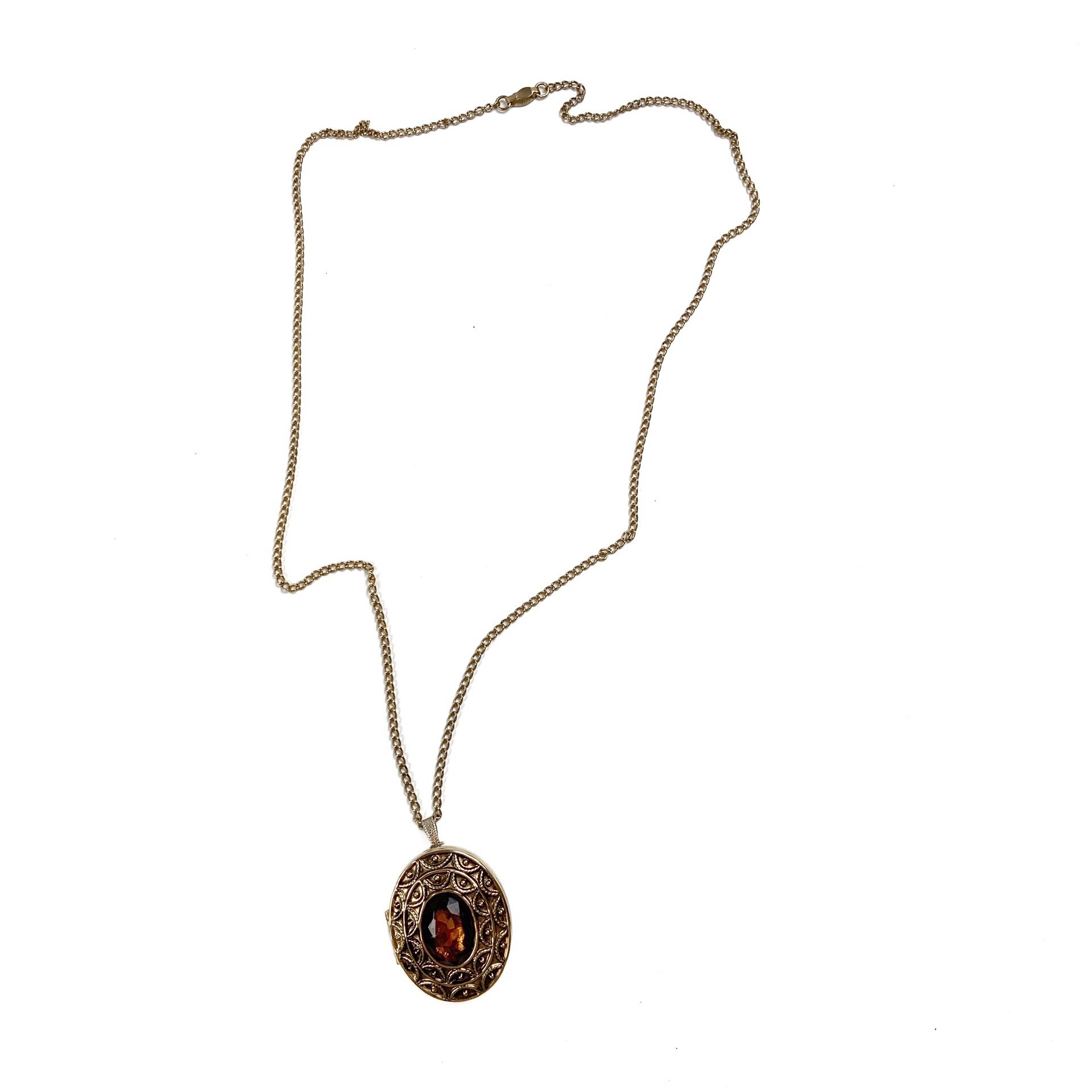 AVON 1966 Perfume Locket Necklace And Brooch 26" Amber Glass Pin Gold Tone