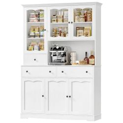 74.2'' Tall Kitchen Pantry Cabinet with Glass Doors, Large Hutched Storage Cabinet with Adjustable Shelf for Dining Room Living Room, White