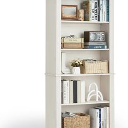 70" Tall White Bookshelf,5 Tier Wood Book Shelf with Adjustable Shelves & Wood Legs,Free Standing Farmhouse Bookcase with Open Display Storage,Vintage