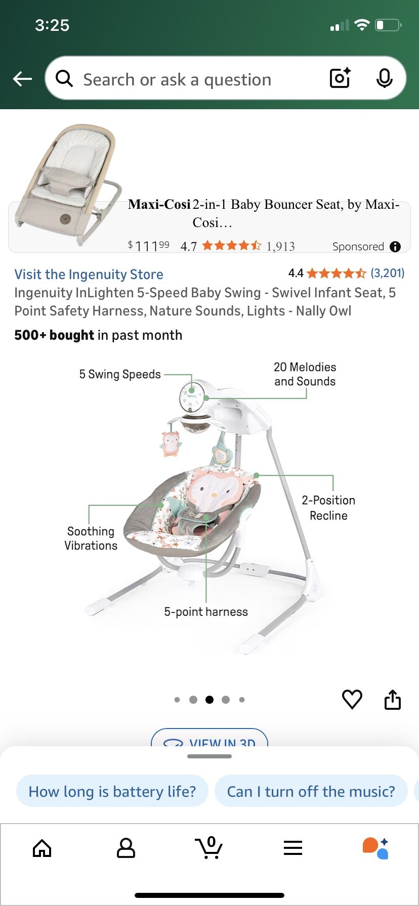 Ingenuity InLighten 5-Speed Baby Swing - Swivel Infant Seat, 5 Point Safety Harness, Nature Sounds, Lights - Nally Owl