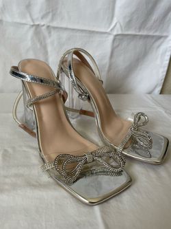 Silver Rhinestone Bow Clear Block Heel Sandals