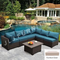 NEW🔥Outdoor Patio Furniture 7 Pc Brown Wicker Peacock Blue 5” cushions adjustable table w/cover ASSEMBLED