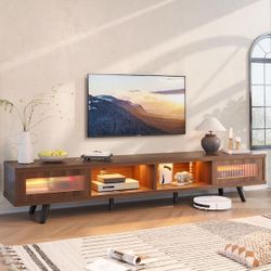 70 in. Mid-century TV Stand Fits TV up to 75 in. with LED Light Sliding Door and 4 Open Shelves Walnut