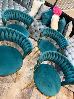 Teal Velvet Dining Chairs with Gold Legs – Set of 4