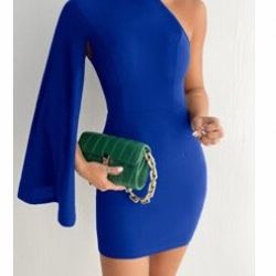 Asymmetrical Neck Cloak Sleeve Bodycon Dress Royal Blue