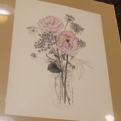 Art print in sealed plastic Pink flowers in a vase black and white sketch 16x20 matted