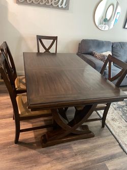 Dark Chocolate Wood Trestle Dining Table with 6 Chairs