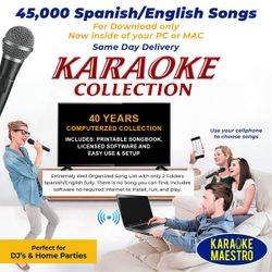 45,000 English & Spanish Songs & Professional Karaoke Player for DOWNLOAD, Instant Delivery