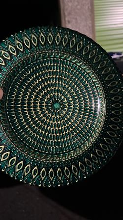 8" Green & Gold Peacock Art Glass Plate
