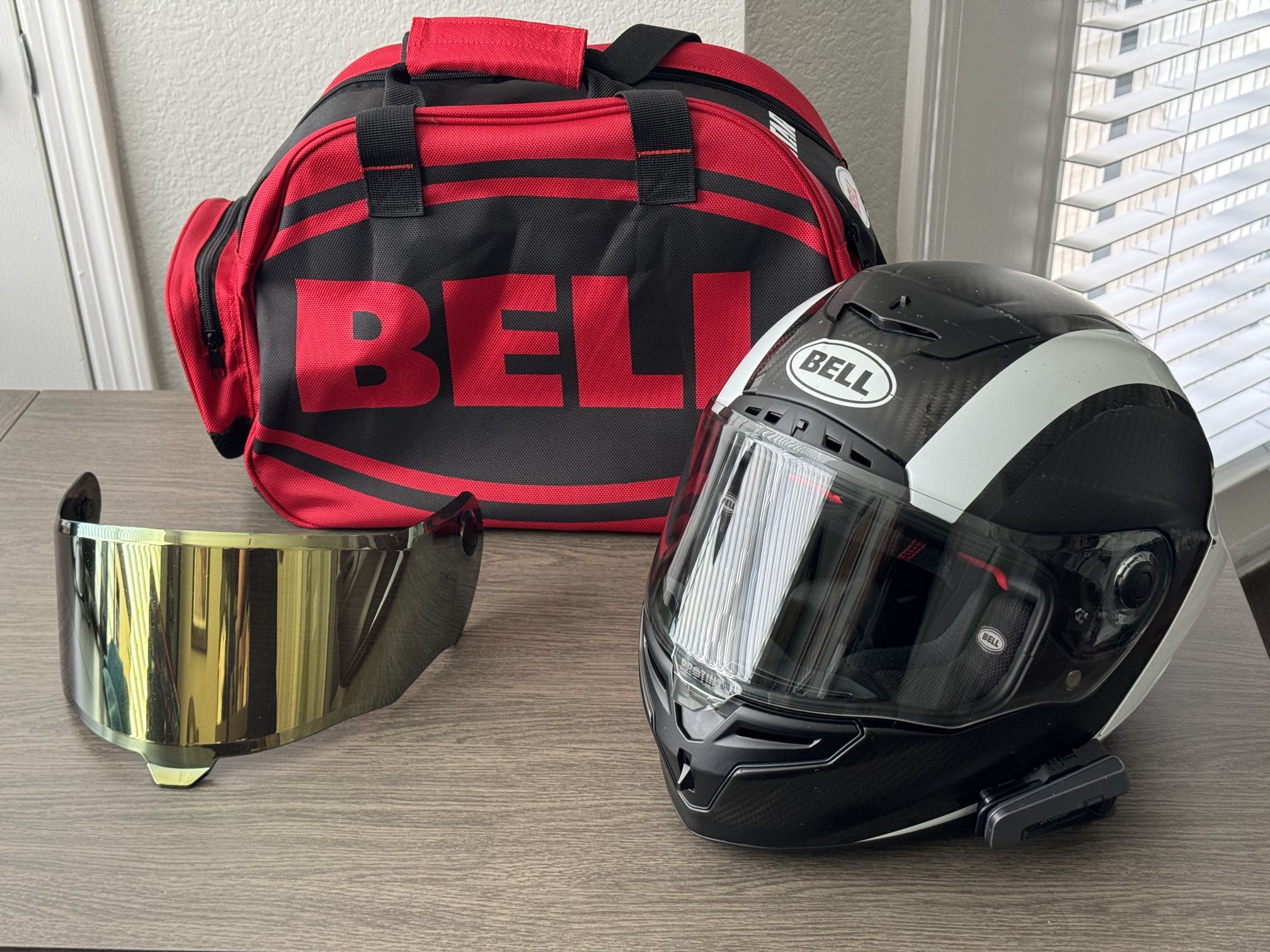 BELL Race Star DLX Motorcycle Helmet - Large (used) Includes Cardo Packtalk Edge Comm System