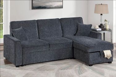 NEW! 2-Pc Chenille Sofa With Pull-out Bed,  Storage Chaise, & Cupholder + USB Port