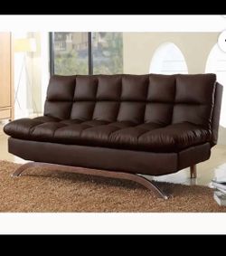 72 Inch Modern Futon Sofa Bed, Soft Faux Leather Convertible Sofa Couch, Click Clack Mechanism, Chrome Metal Legs, Brown