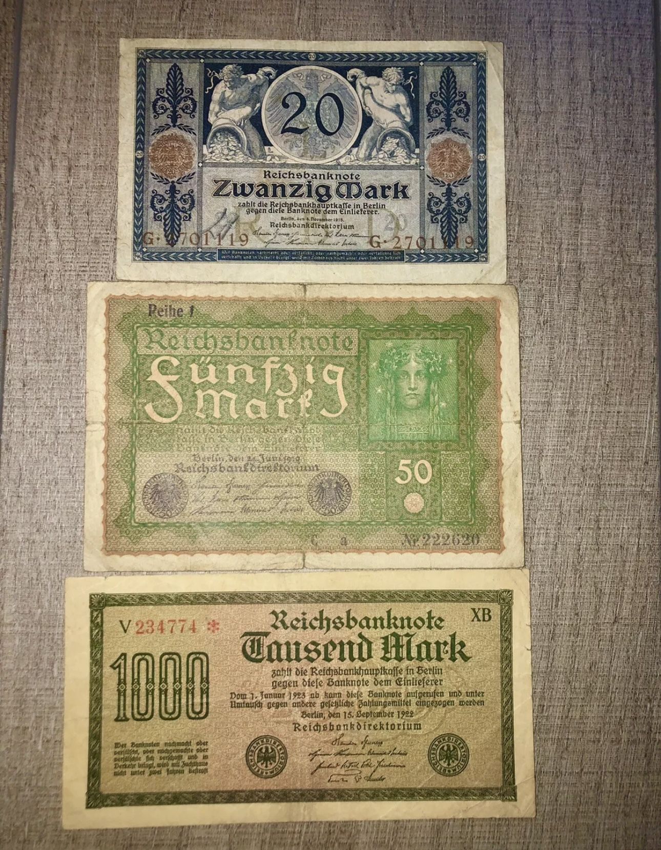 1(contact info removed) German First Year Weimar Republic Banknotes: 20, 50, 1000 marks .