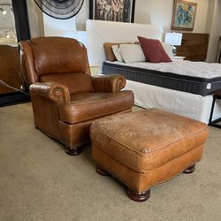 Cigar Studded Leather Club Chair & Ottoman