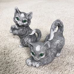 Vintage Ceramic Gray Cat Figurines With Green Eyes 5.5” - Lot of 2 - BEAUTIFUL!!
