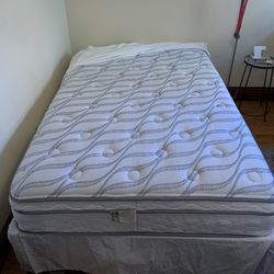 Full size mattress, mattress protector & black metal bed frame