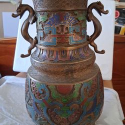 Antique Japanese Bronze Cloisonne Champleve Vase Urn Enamel