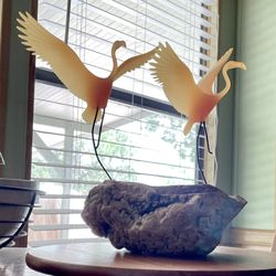**VINTAGE** John Perry Sculpture - Heron/Crane in Flight - Amber Resin -Burlwood