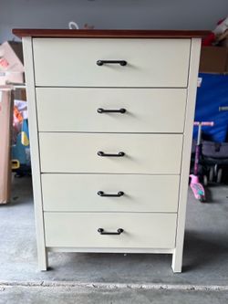 Tall White 5-Drawer Solid Wood Dresser, Farmhouse Style w/ Black Knobs