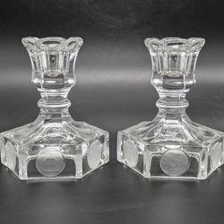 Fostoria  Liberty Bell  Coins Clear Glass Candlesticks 1887  4 3/4"