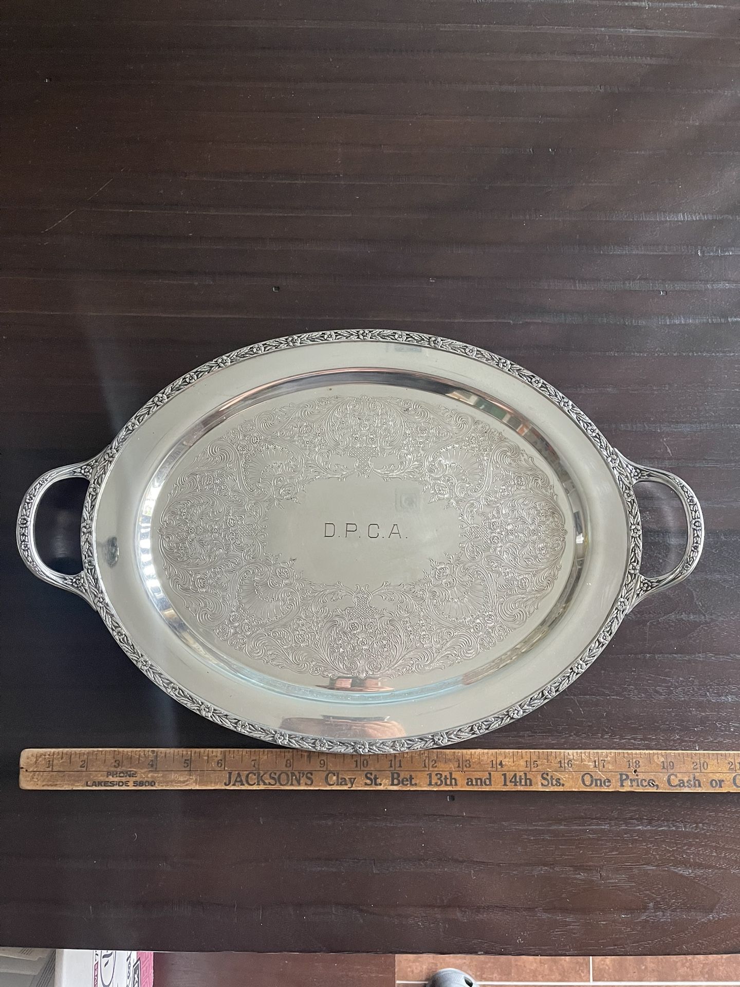 Vintage Wm Rogers & Son Victorian Primrose Serving Silver-Plated Tray. Approx. 20”x14”. Engraved “D.P. C. A. “ Model 1880. Must Pick Up In Person.