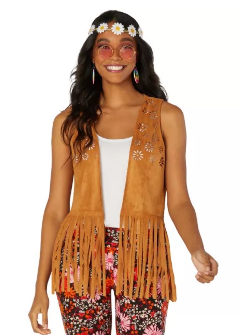 Spirit Brown Faux Suede Fringe Vest Cutout Floral Western Boho Festival Sz L/XL