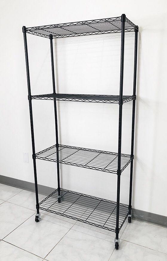 (New in box) $50 Metal 4-Shelf Shelving Storage Unit Wire Organizer Rack Adjustable w/ Wheel Casters 30x14x61”