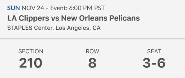 Clippers vs Pelicans 4 tickets $540 obo
